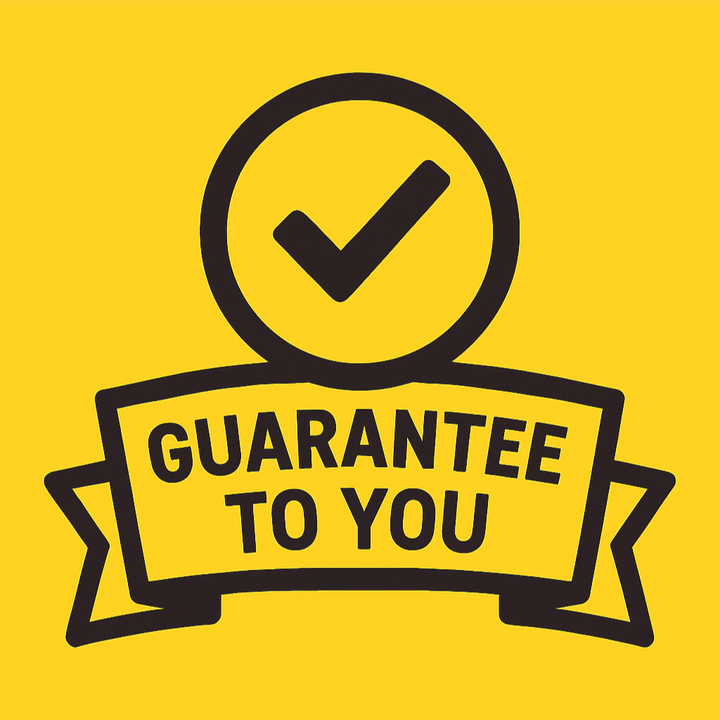 Yellow square with a black checkmark in a circle above a banner reading