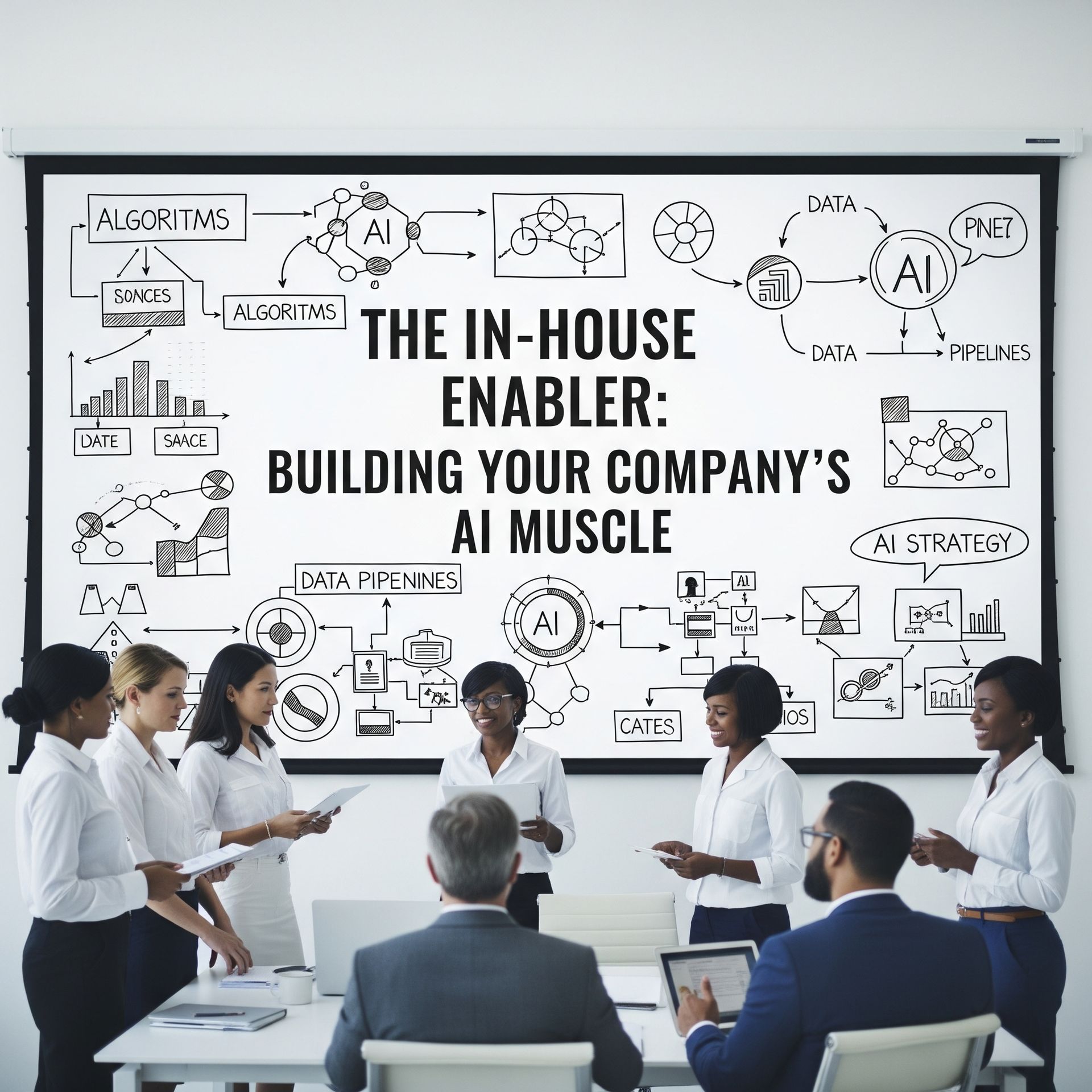 Group of people in a meeting. A large screen reads