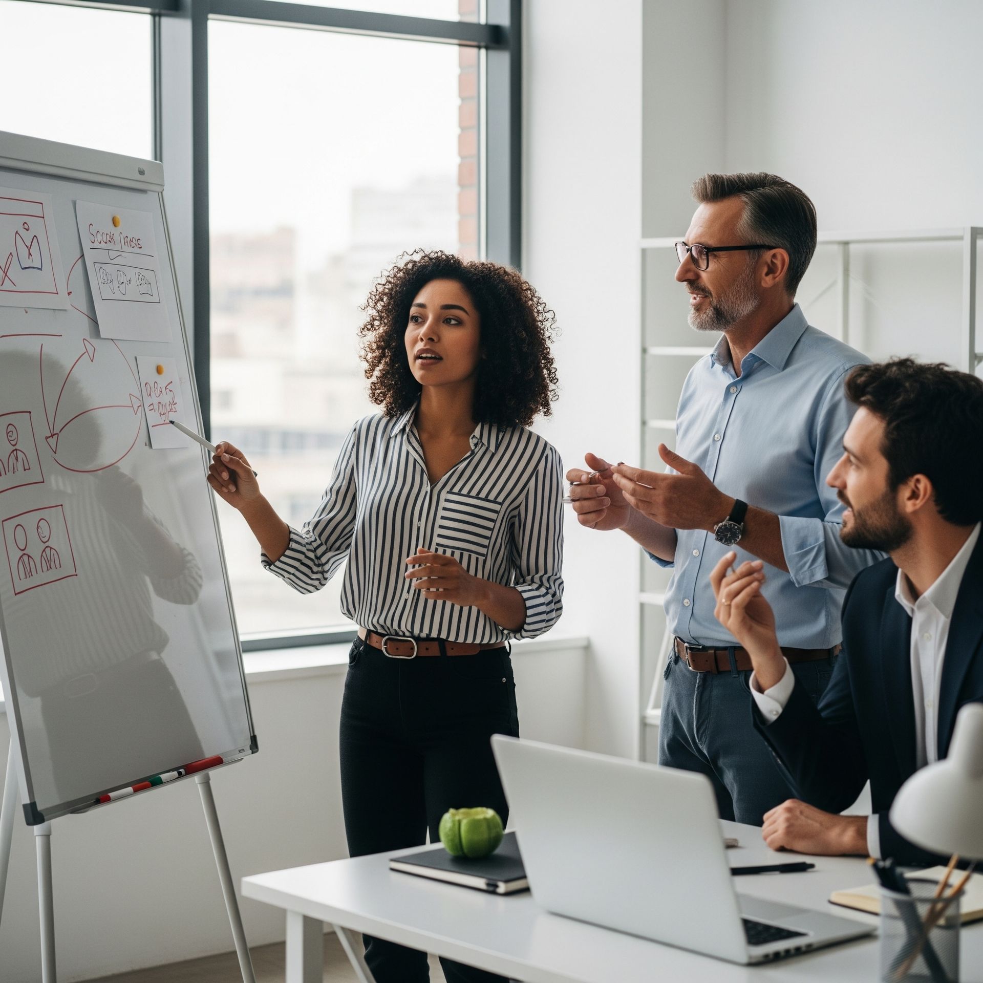 Woman presents ideas on whiteboard to two colleagues in an office.