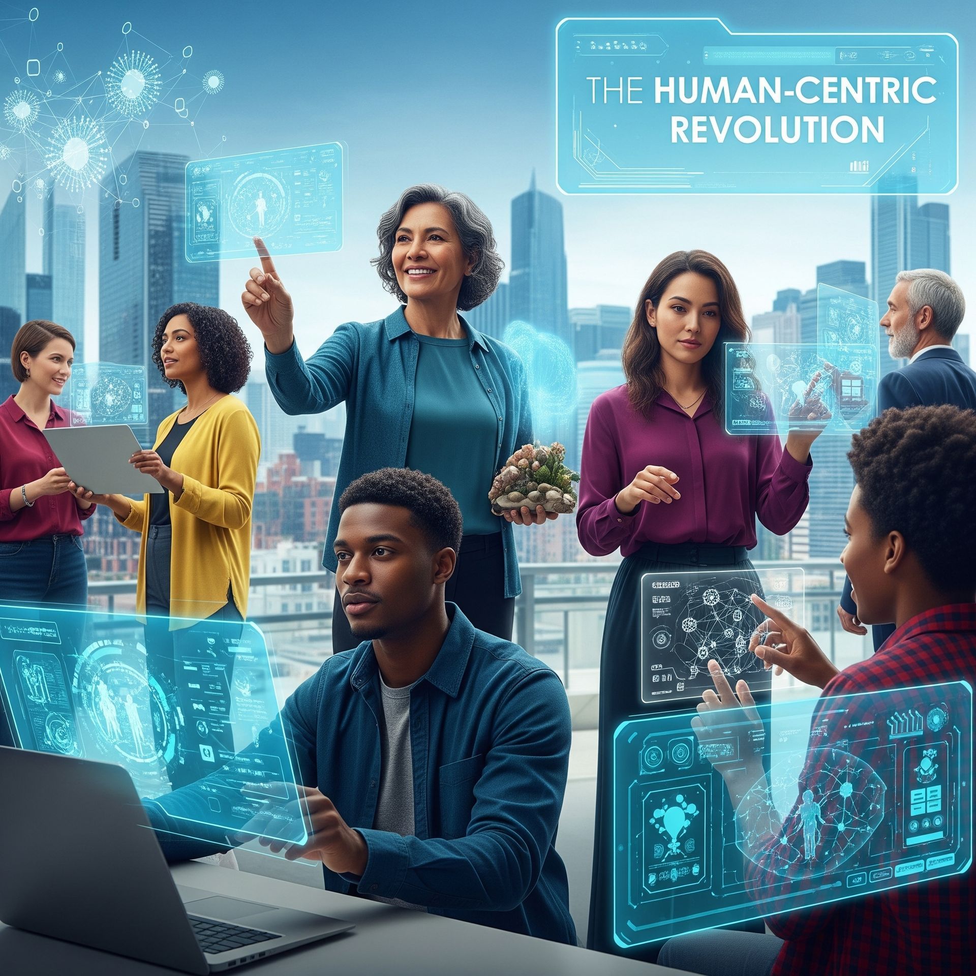 Group of people using holographic interfaces with a city backdrop.