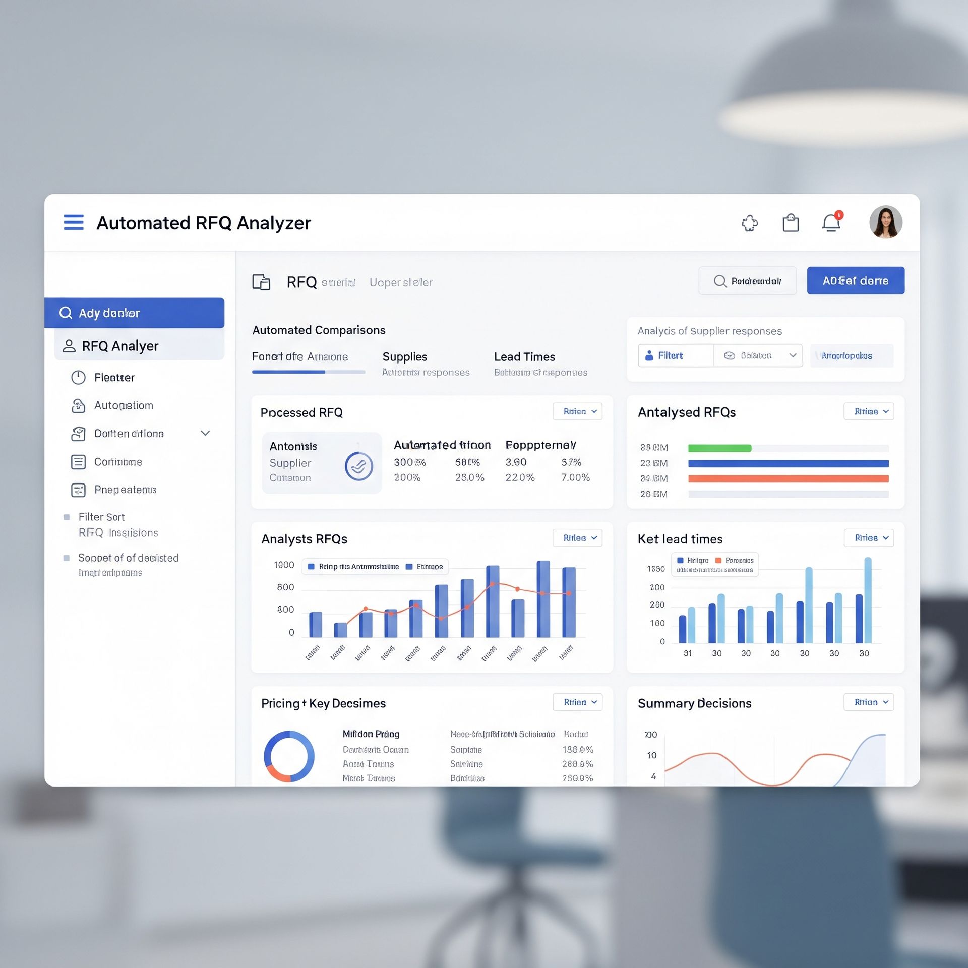 Dashboard showing automated RFQ analysis with charts and data visualizations.