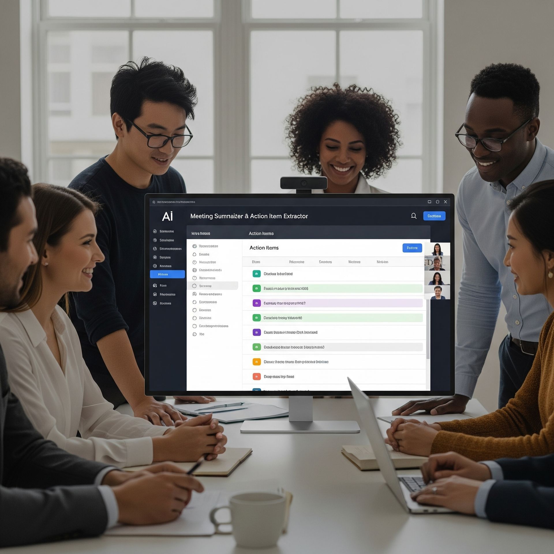 Group of people collaborating around a computer screen displaying a project management interface in a modern office.
