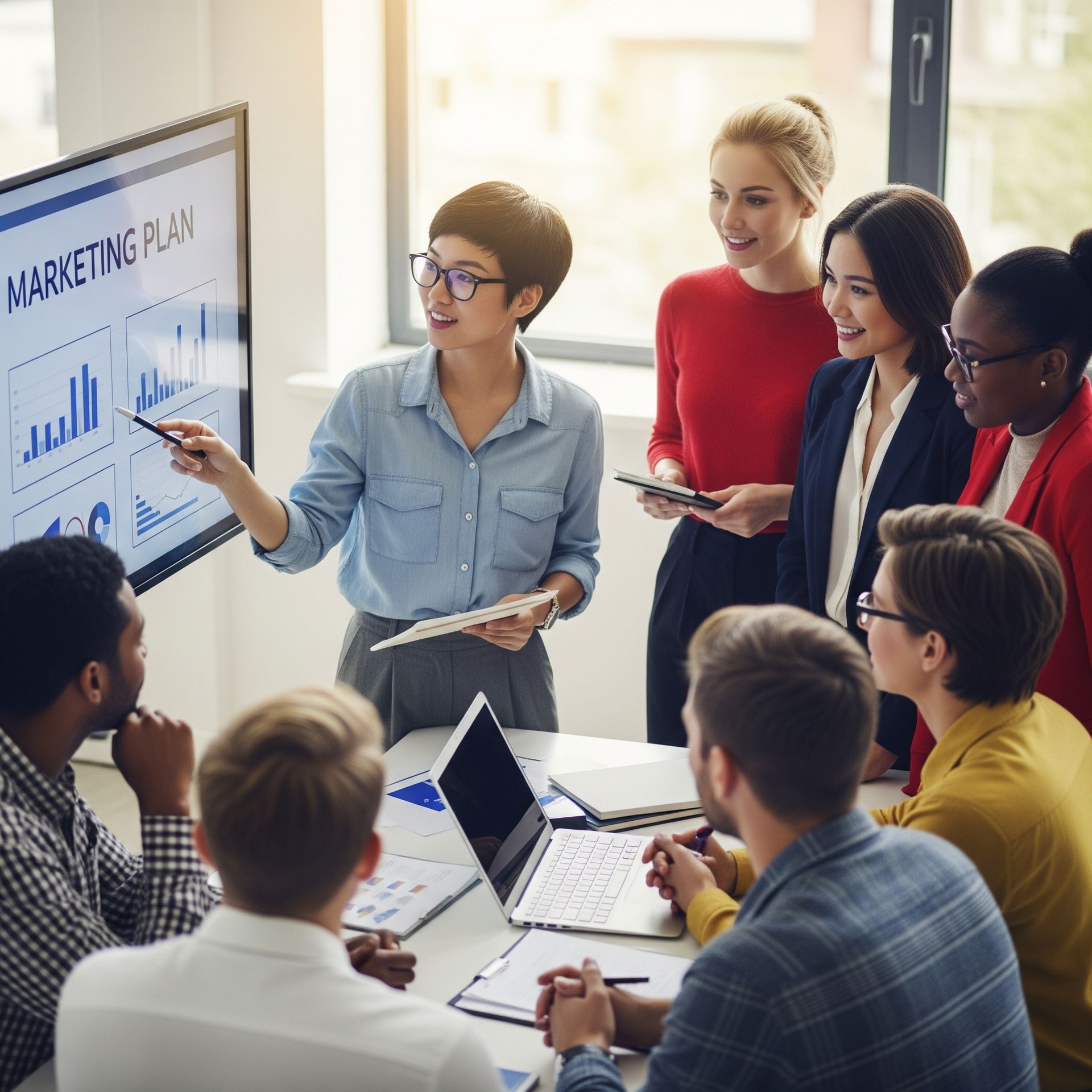 People in an office meeting. Woman presenting a marketing plan on a screen, others listening and looking.