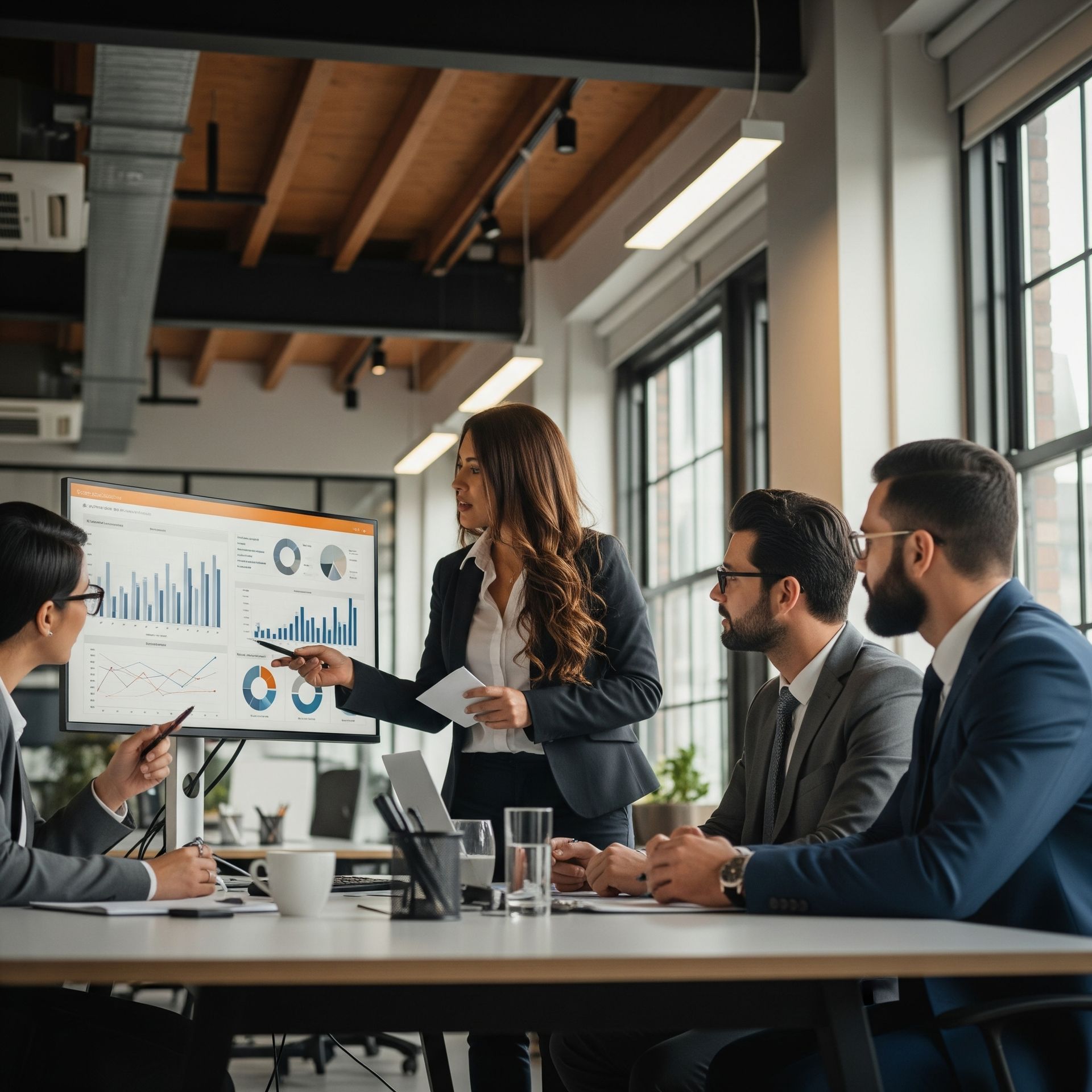 Businesswoman presents data on screen to colleagues in a modern office setting.