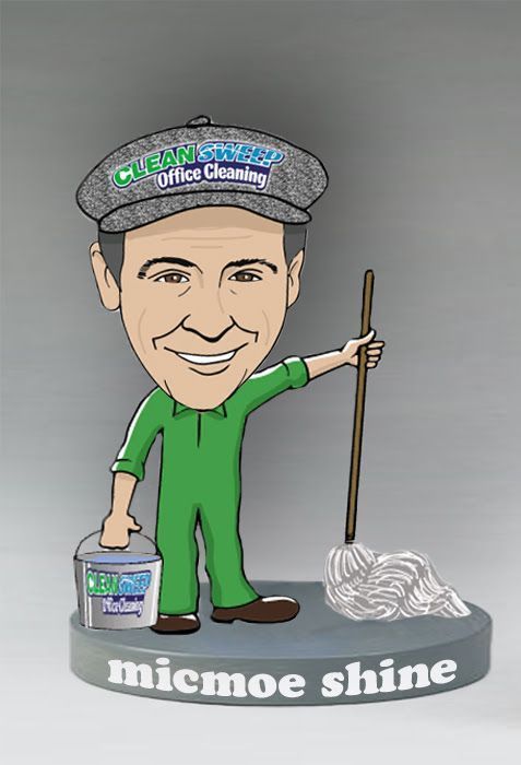 A cartoon of a man holding a mop and a bucket