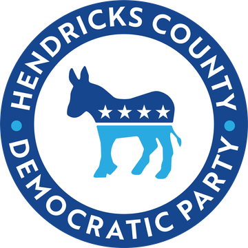 Hendricks County Democratic Party logo: blue donkey with stars, surrounded by a blue ring with white text.