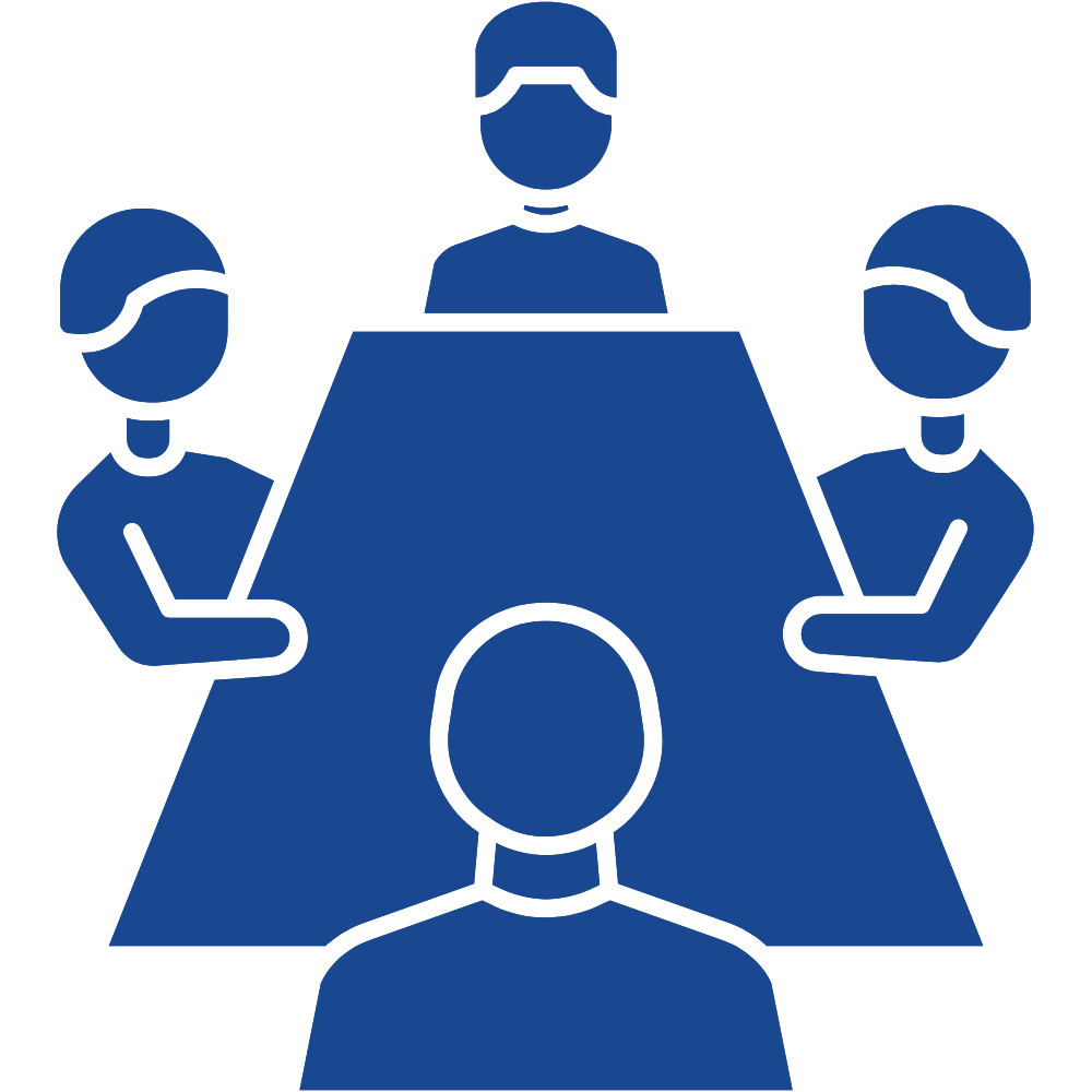 Group of people at a triangular table, meeting. Blue color.