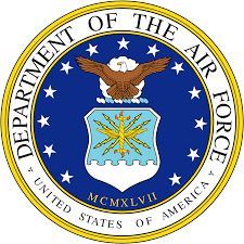 U.S. Air Force seal: eagle, stars, shield with gold wings, blue and white with text