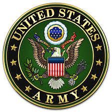 United States Army emblem featuring an eagle with a shield, surrounded by text and stars on a green background.