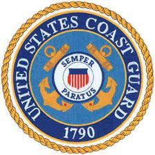 United States Coast Guard emblem: blue and gold circle with anchors, cannons, and