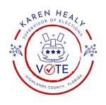 Karen Healy campaign logo, red and blue. Contains a ballot box, hands, stars, and "VOTE" with check mark.