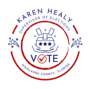 Karen Healy campaign logo, red and blue. Contains a ballot box, hands, stars, and "VOTE" with check mark.