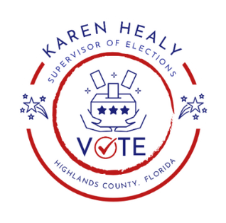 Karen Healy campaign logo, red and blue. Contains a ballot box, hands, stars, and "VOTE" with check mark.