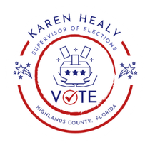 Karen Healy campaign logo, red and blue. Contains a ballot box, hands, stars, and "VOTE" with check mark.