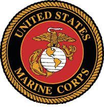 United States Marine Corps emblem: eagle, globe, anchor, on red circle, black border, gold text.