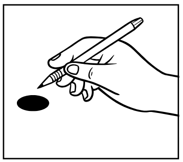 Hand holding a pen, creating a dark oval on a white surface.