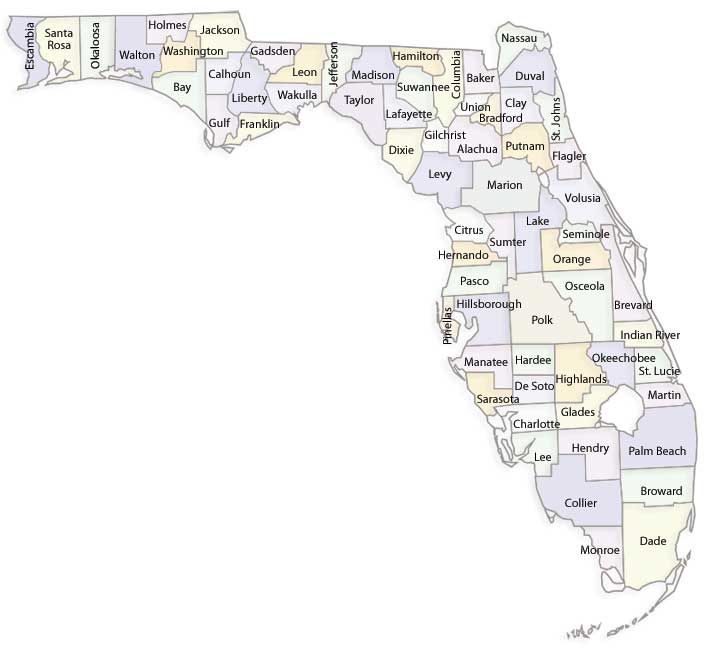 Map of Florida, showing its counties in various colors.