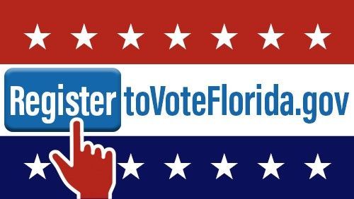 Register to Vote Florida website graphic. Red hand pointing at a blue button with white text. American flag colors.