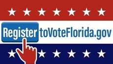 Register to Vote Florida website graphic. Red hand pointing at a blue button with white text. American flag colors.