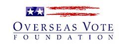 Logo for Overseas Vote Foundation with a blue square with two stars and red brushstrokes over the text.