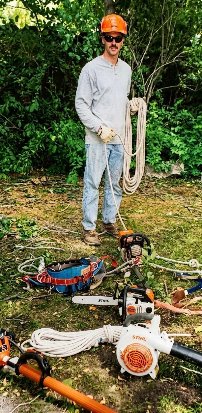 Worker in orange hard hat holding a rope beside several fallen power tools on grass.