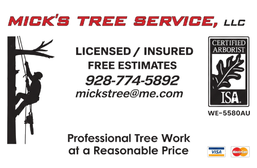 Mick’s Tree Service logo with red text and a silhouetted arborist climbing a tree