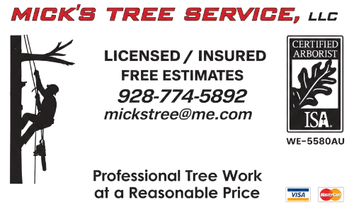 Mick’s Tree Service logo with red text and a silhouetted arborist climbing a tree