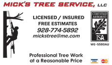 Mick’s Tree Service logo with red text and a silhouetted arborist climbing a tree