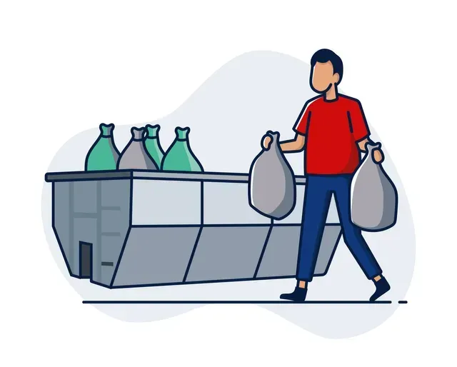 Person walking towards a dumpster with two bags, another full of bags sits in the dumpster.