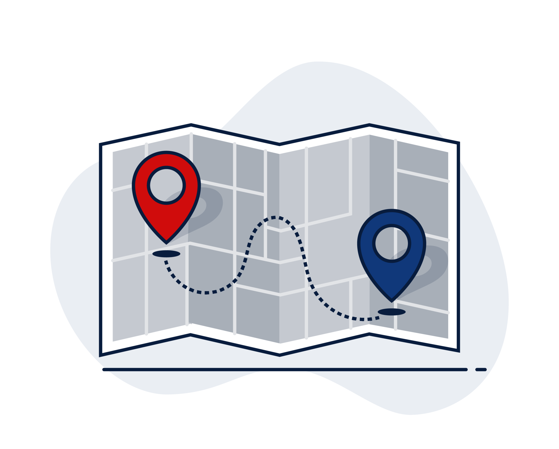 Map with red and blue location markers, showing a dotted route between them.