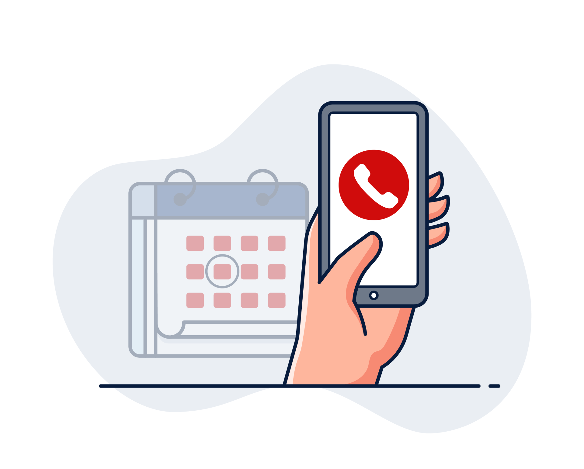 Hand holding phone with a red phone icon, a calendar in the background.