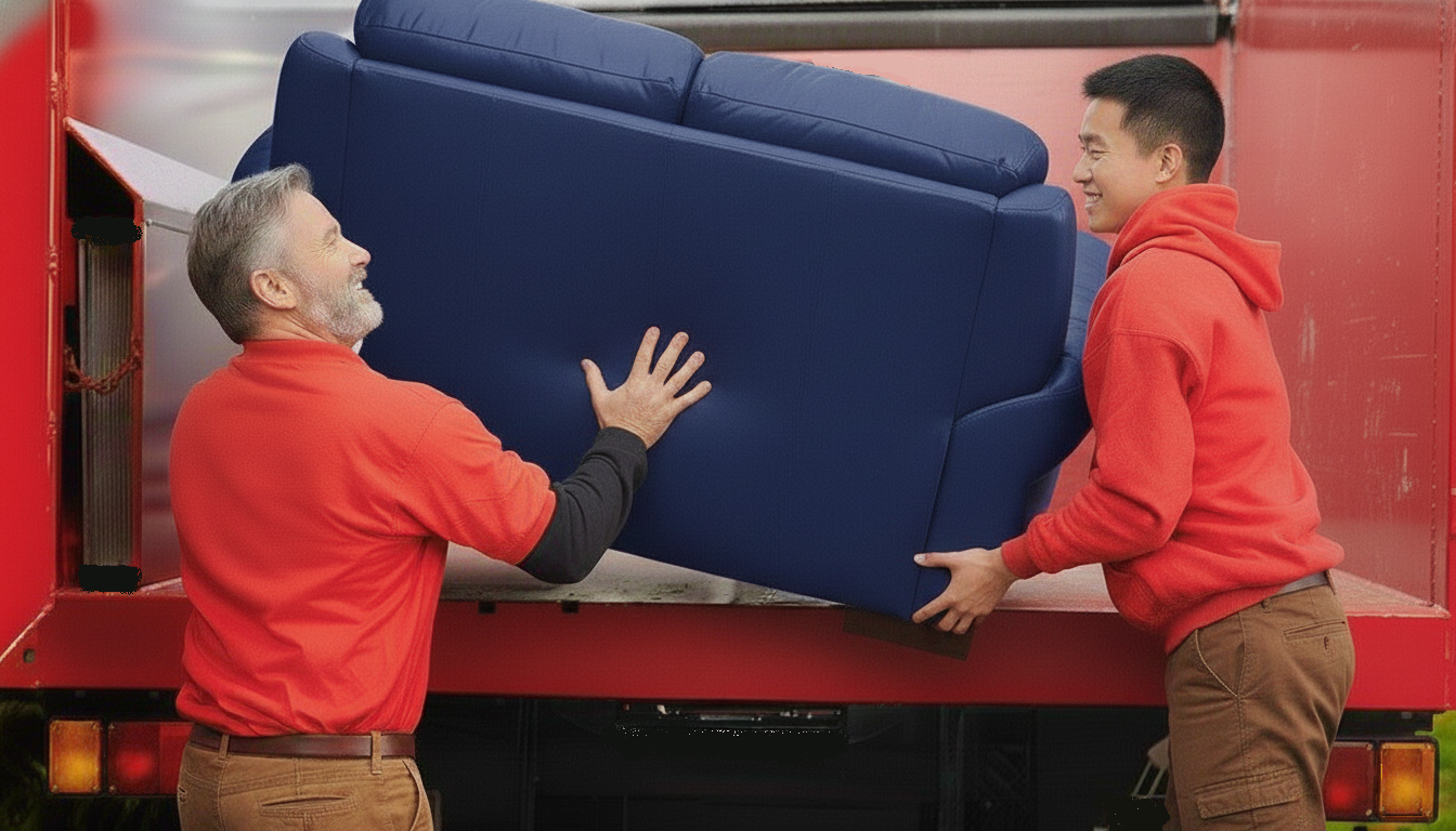 Two movers in red shirts loading a blue sofa into a truck.