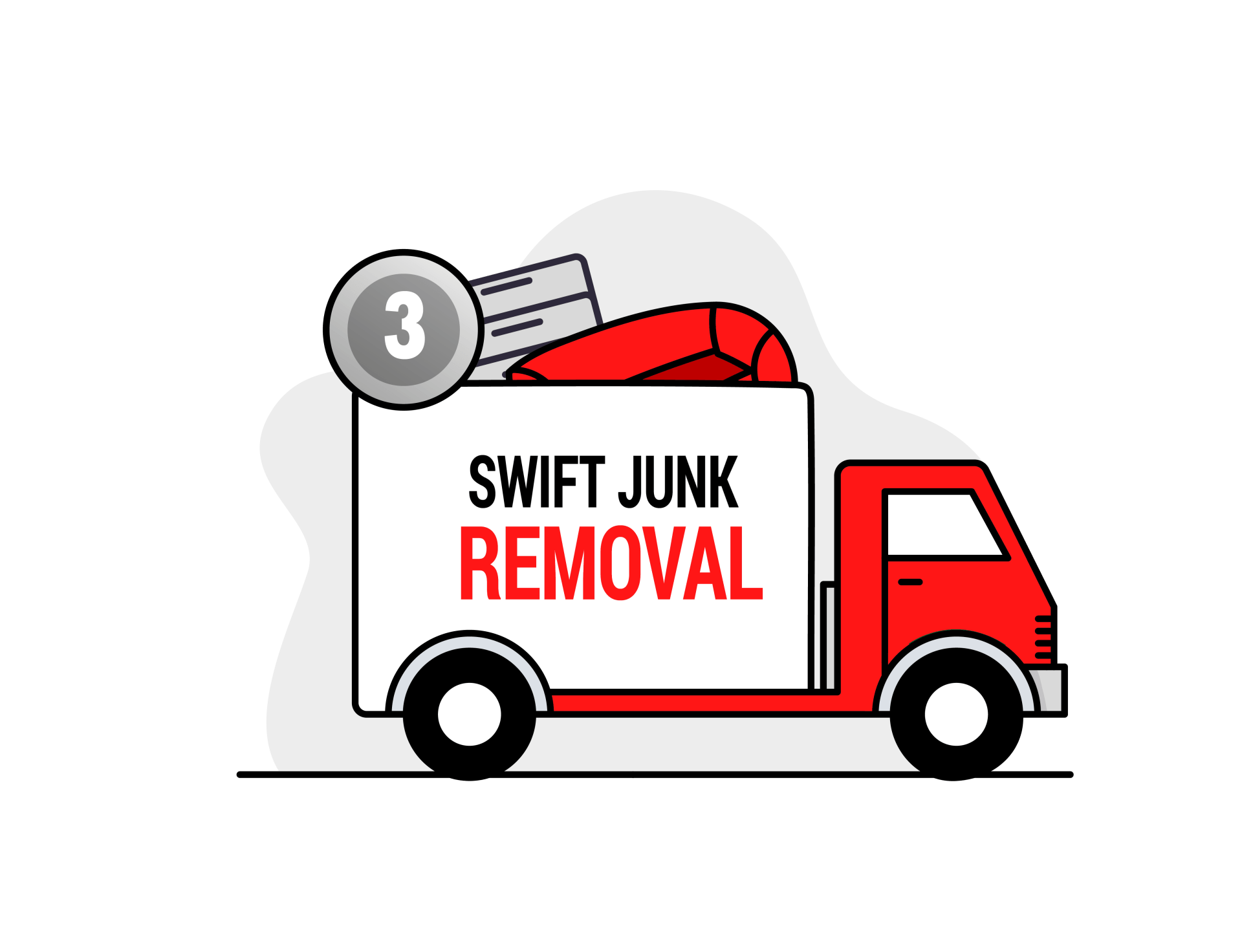 Red junk removal truck with junk in the back, logo reads