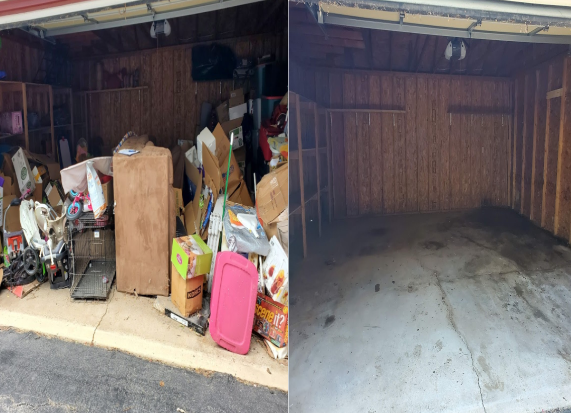 Garage before and after: cluttered with boxes, then empty and clean with concrete floor.