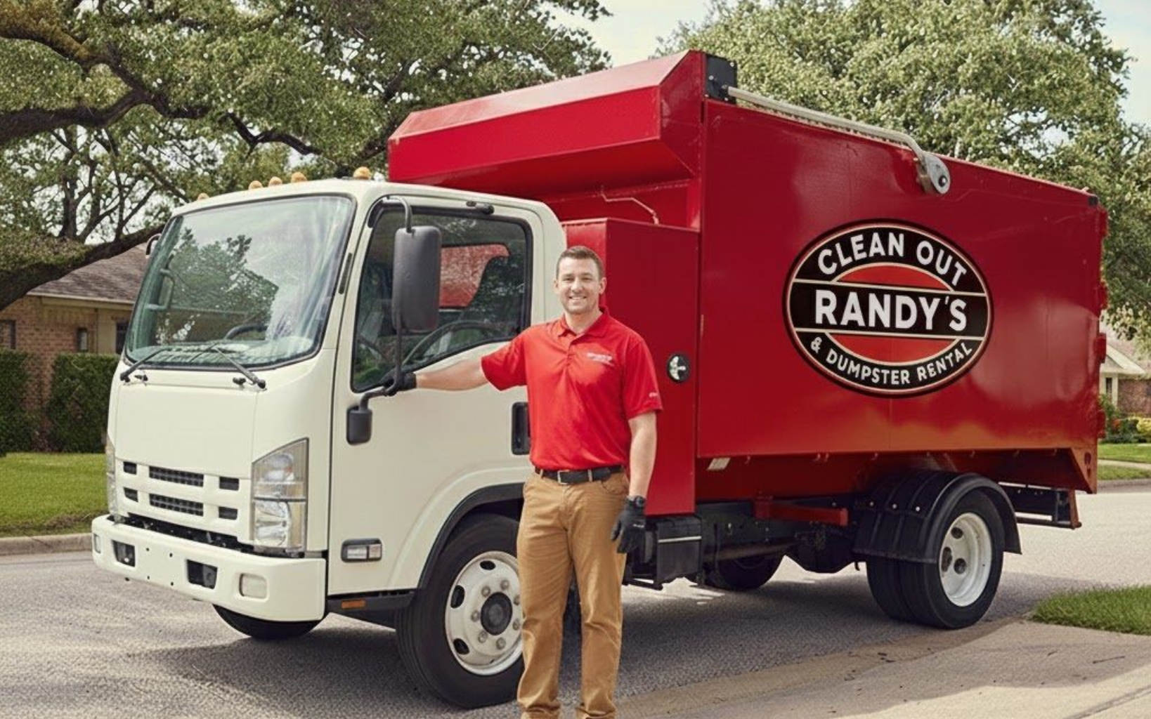 Man in red shirt stands beside a white and red Clean Guy Randy's truck on a residential street.