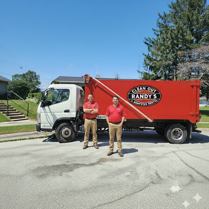Two men in red shirts and tan pants stand beside a red truck with