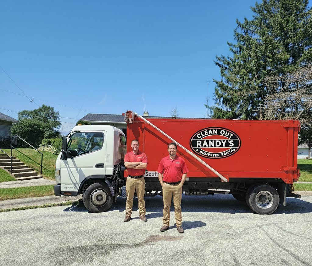 Two men in red shirts pose beside a red and white truck with
