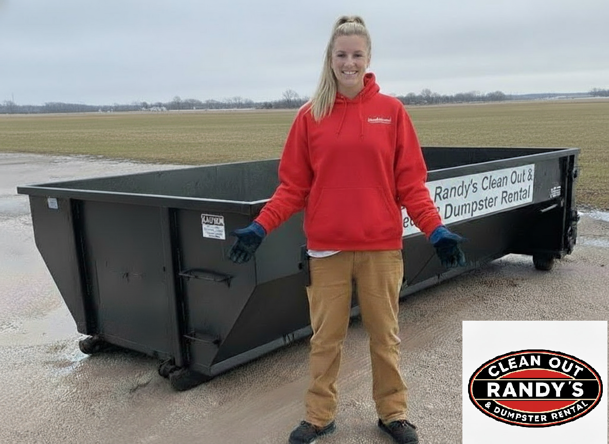Woman in red hoodie stands by a black dumpster; company logo in the corner.