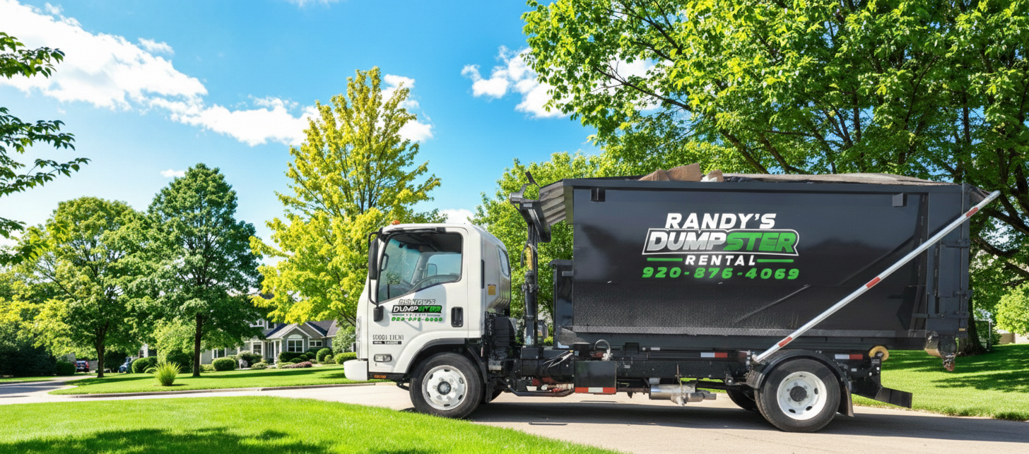A Randy's Dumpster Rental truck parked on a sunny residential street with green trees in the background.