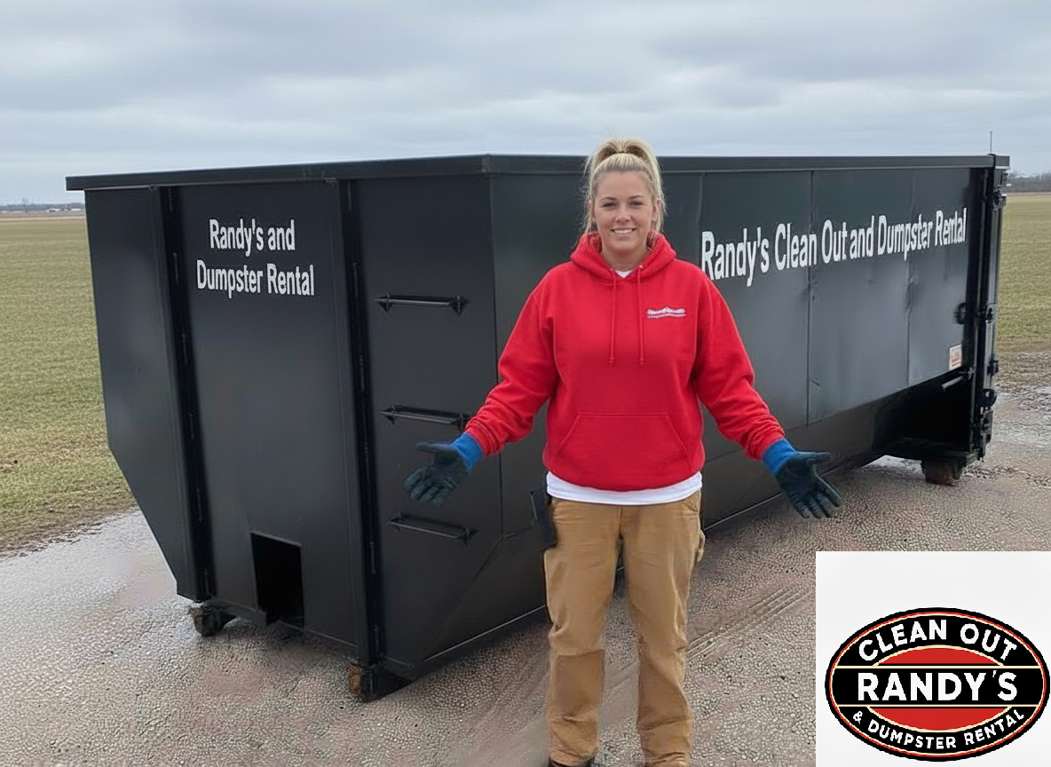 Woman in red hoodie stands by a black dumpster; Randy's Clean Out logo in corner.