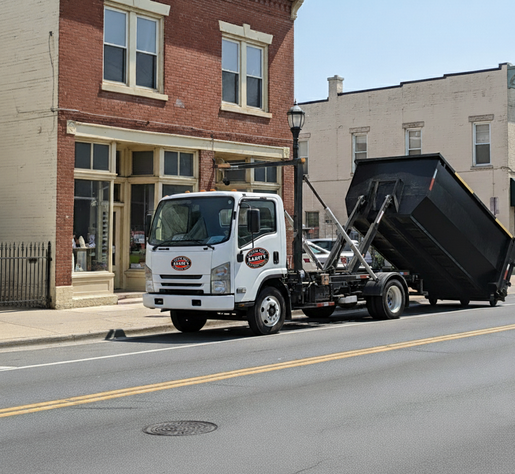White roll-off truck with raised black container parked in front of brick building on a sunny street.
