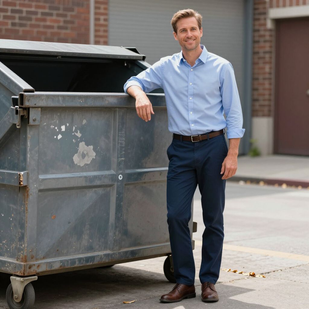 Man in blue shirt and navy pants leans on a large, metal dumpster in an alley.
