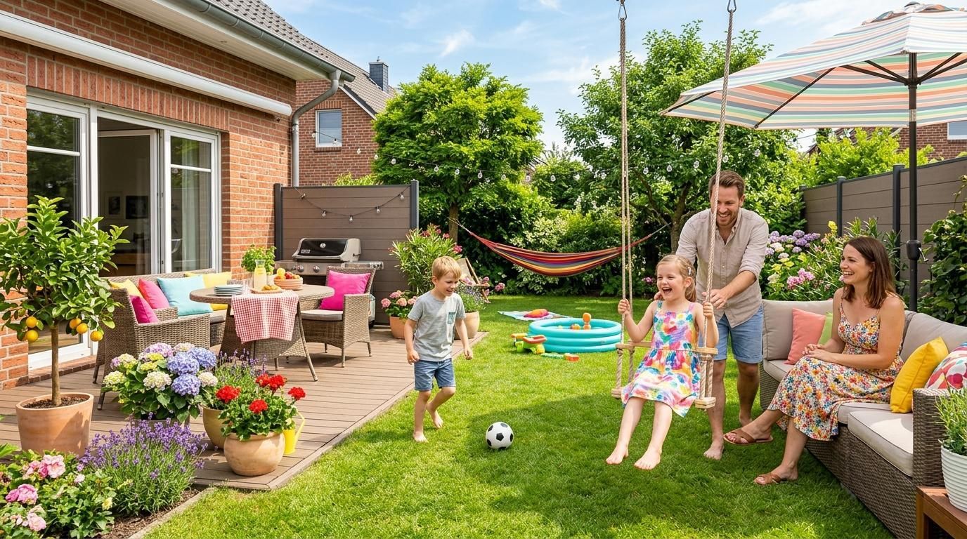 Family enjoying a sunny backyard gathering on a patio with lawn games and drinks