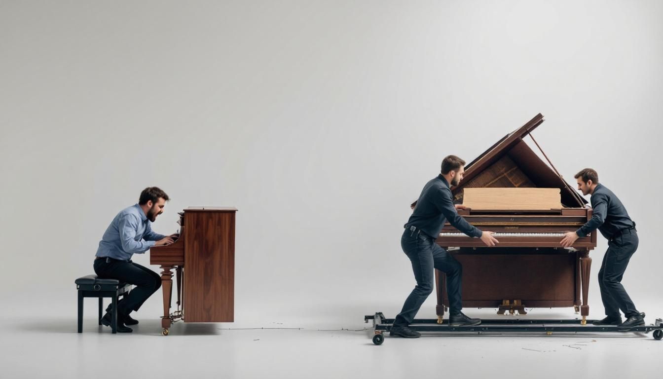 Man playing upright piano; two others move a grand piano on a track. White background.