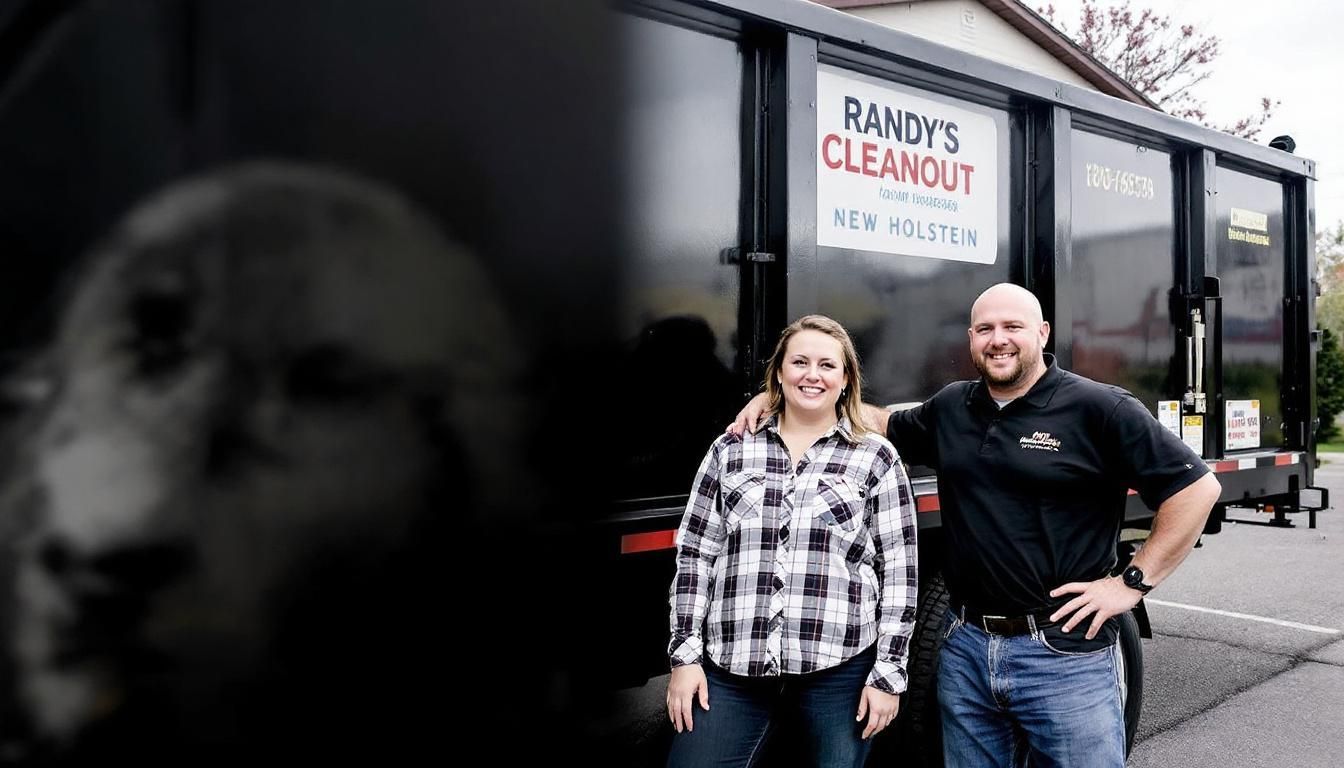 Two people stand by a dumpster. The sign says 