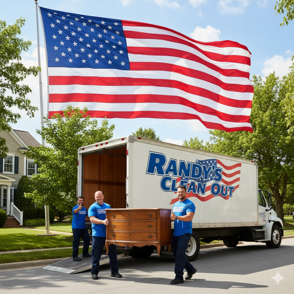 Movers loading a dresser into a truck with a large American flag waving above.