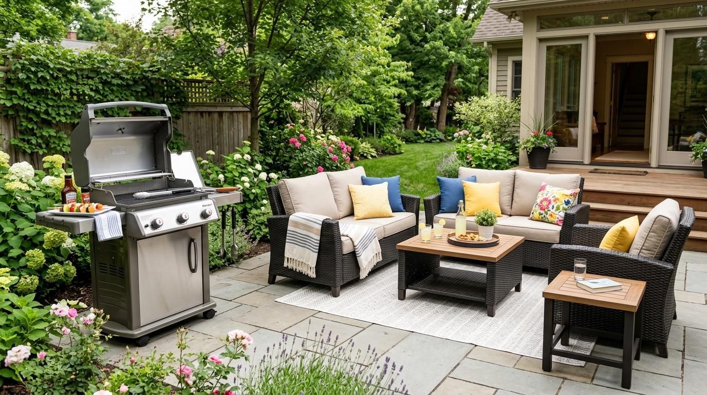 Well-maintained patio with outdoor furniture and grill