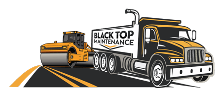 Road roller and black top truck on a road with the words "Black Top Maintenance" on the truck's side.