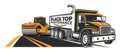 Road roller and black top truck on a road with the words "Black Top Maintenance" on the truck's side.