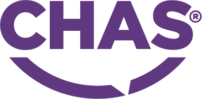 The chas logo is purple and has a smile on it.